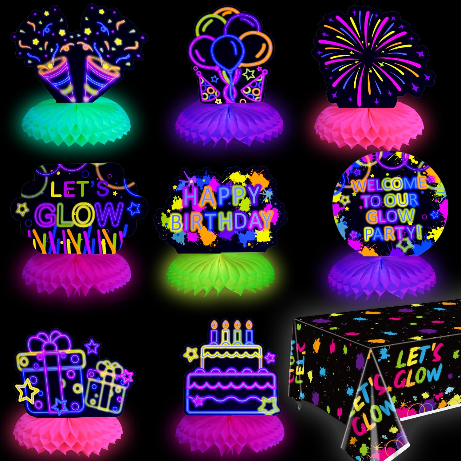 Photo 1 of 10 Pieces Glow in The Dark Party Table Decorations, Neon Table Honeycomb Centerpiece and Let's Glow Tablecloths Set - Black Light Table Topper Neon Decorations for Kids Glow in Dark Party Supplies