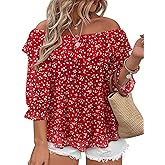 Siddhe Womens Plus Size Tops 3/4 Sleeve off the Shoulder Dressy Casual Curvy Shirts Ruffle Chiffon Blouses Crew Neck Tunic