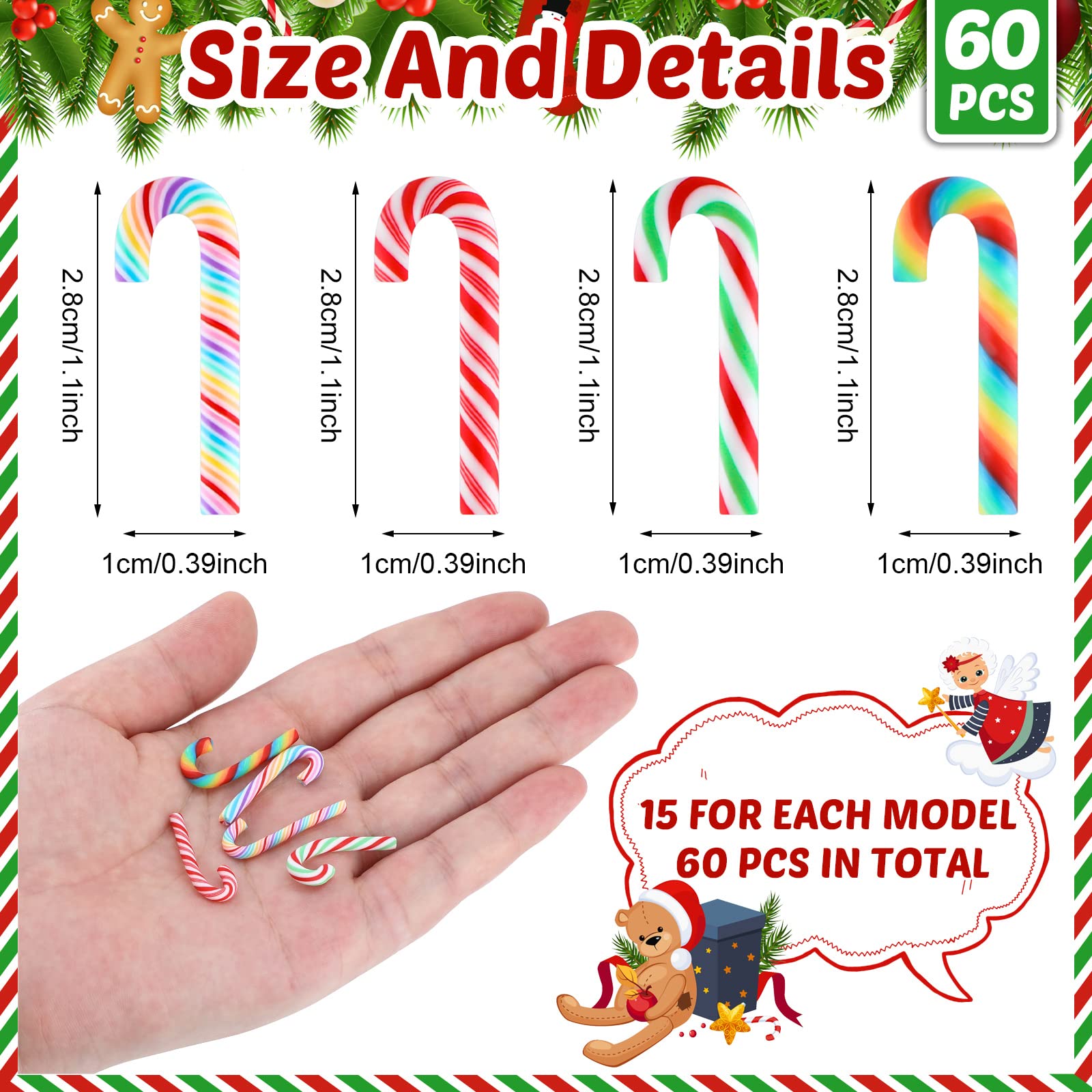 Giegxin 60 Pcs Christmas Candy for Crafts Plastic Fake Candy Decor Rainbow Peppermint Ornaments for Tree Hanging DIY Xmas Decor Party Decoration Craft(Small,Cane)