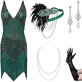 BABEYOND Women's 1920s Flapper Dress V Neck Slip Dress Roaring 20s Great Gatsby Dress for Party, 2 Set - Dark Green