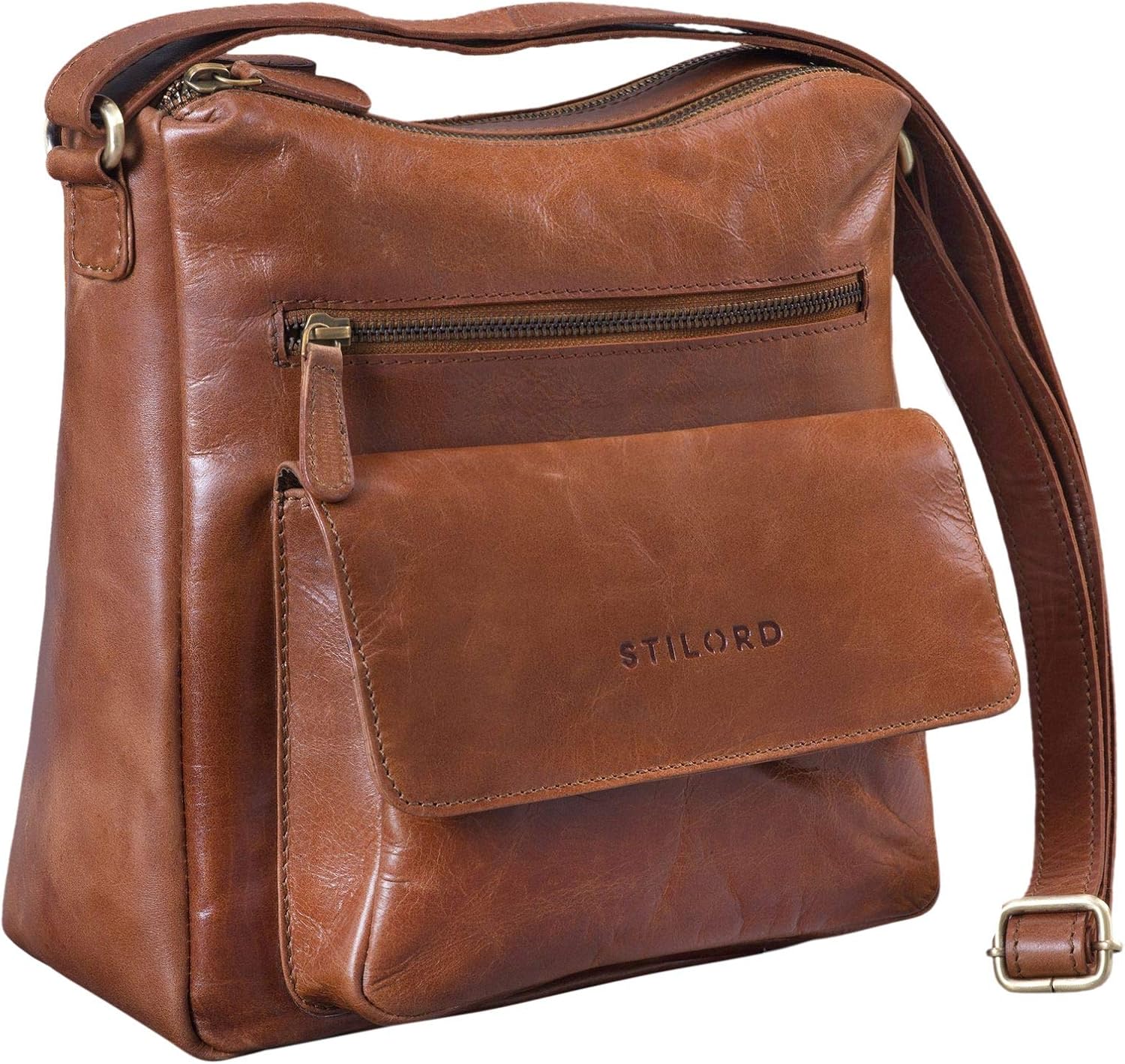 STILORD "Mira" Vintage Shoulder Bag 12.2 pouces Women/Handbag Leather/Evening Tote Genuine Leather Colour:Shiny Cognac Brown