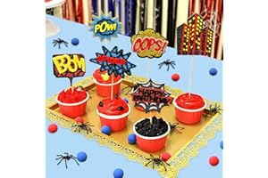 Bupelo 12 Pcs Spider Cake Toppers, Spider Theme Cupcake Decorations Glitter Red Black Blue Spider Pattern Birthday Party Supplies, Spider Web Birthday Decorations for Boys, Men, Baby Shower