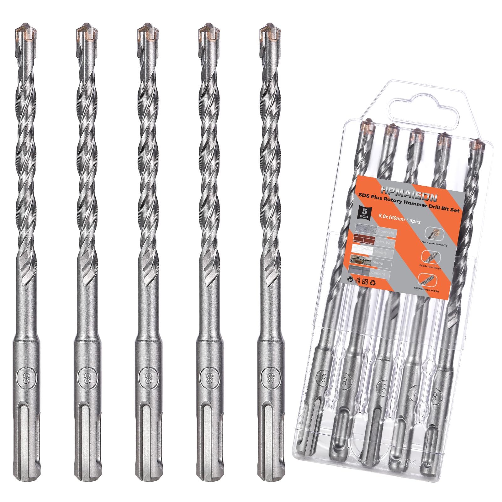 HPMAISON SDS Plus Rotary Hammer Drill Bit Set 8mm x 160mm, 5PCS Cross Drill Bits Hammer Impact Drill Bit 4-Cutter Carbide Tips for Drilling Stone, Concrete, Brick Wall, Cement, Masonry
