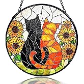 kdqua Cat Sunflower Suncatcher Stained Glass Window Hanging, Black Orange Cats Sunflower Sun Catchers Indoor Window Glass Round Wall Decor, Cat Floral Wall Art Hanging Decorations Statues, 7.9x7.9in