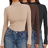 Ekouaer Women 3 Pack Turtleneck Shirts Ribbed Thermal Underwear Tops Lightweight Long Sleeve Layer Tees Basic Pullover Blouse