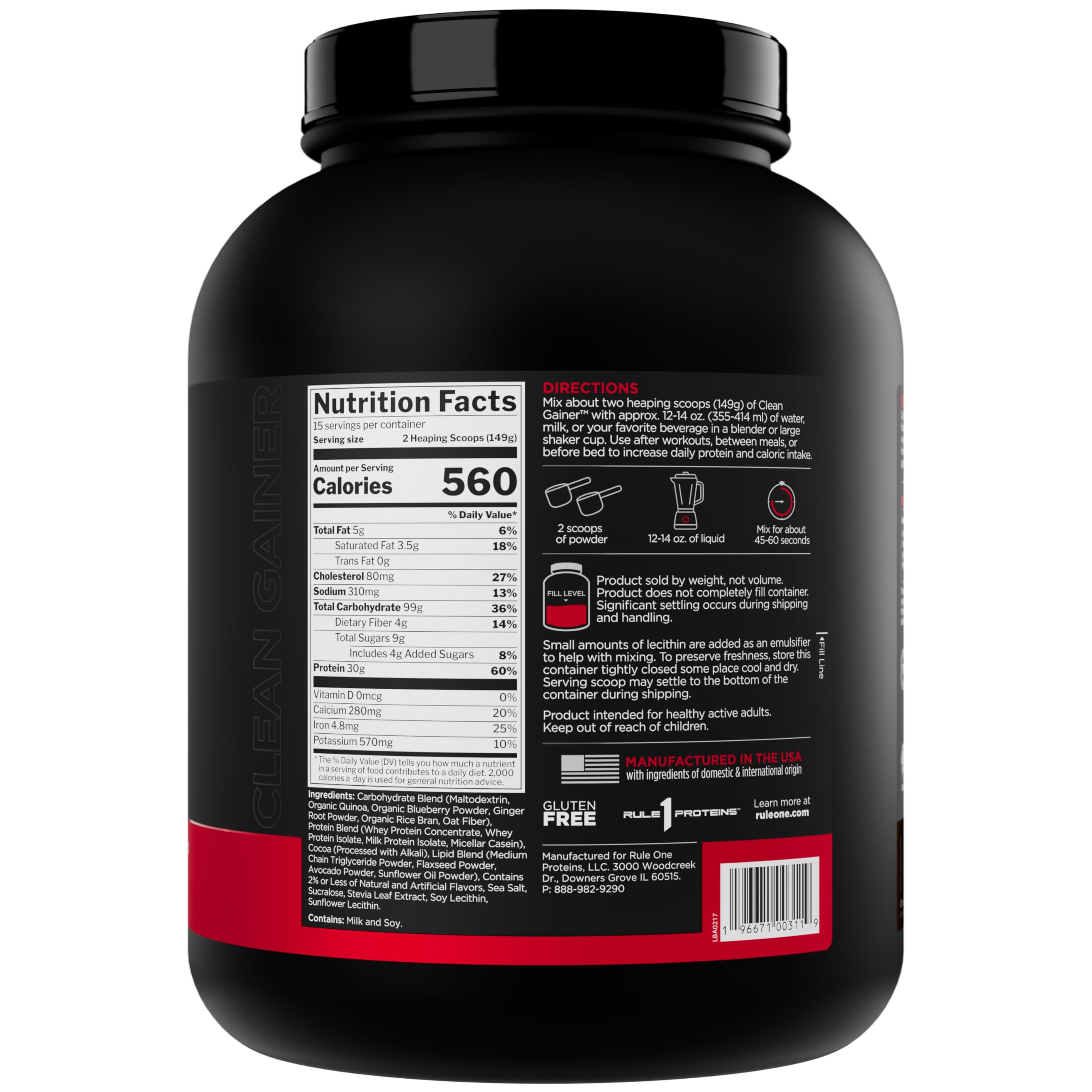 Rule 1 Clean Gainer - High-Protein Lean Gain Formula with 560 Calories, 30g of Full-Spectrum Protein, Over 90g Carbs, Under 6g of Fat (15 Servings, Chocolate Fudge)