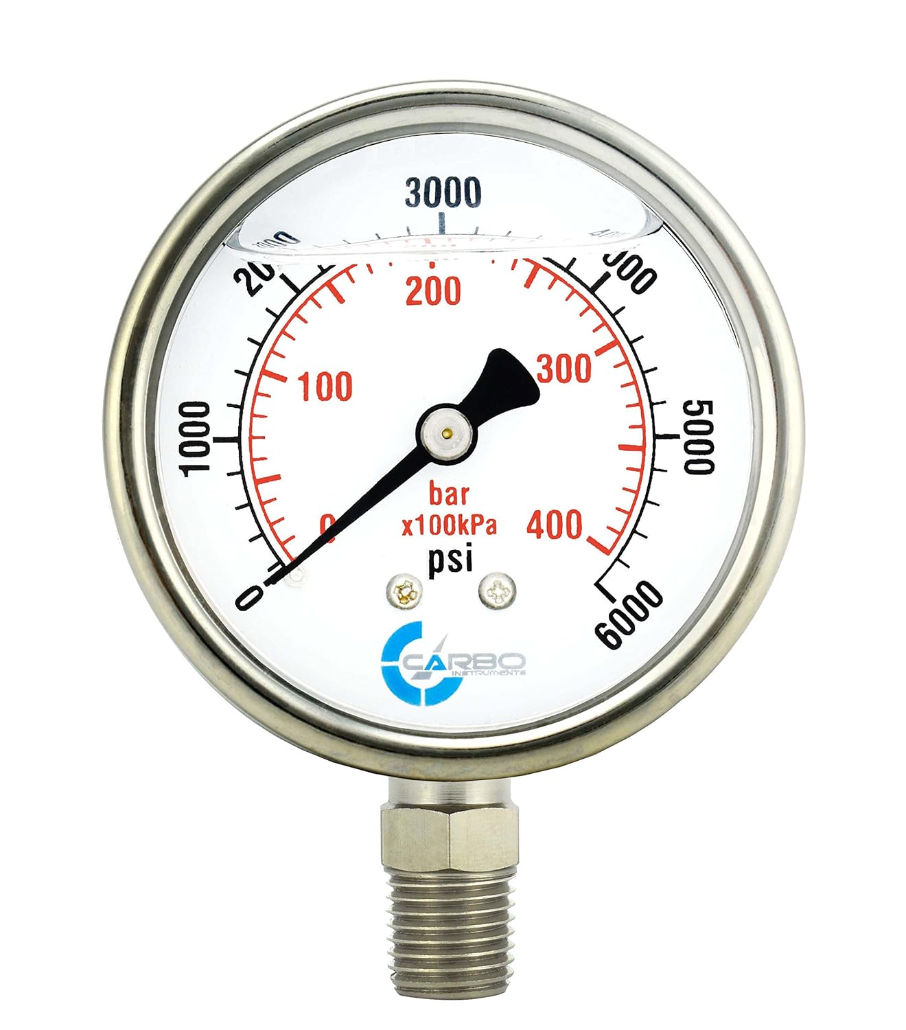CARBO Instruments 2 1-2" Pressure Gauge, Stainless Steel Case, Chrome Plated Brass Connection, Lqiuid Filled, 0-6000 psi/kPa, Lower Mount 1/4" NPT