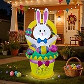 Cllayees 5 FT Easter Inflatable Outdoor Decoration, Inflatables Bunny with Basket and Eggs, Happy Easter Blow up Rabbit for Yard Lawn Garden Holiday Party