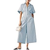 Lenader Women's Dressy Casual Loose Jumpsuits One Piece Striped Short Sleeve Button Down Shirt Wide Leg Rompers Summer Outfit