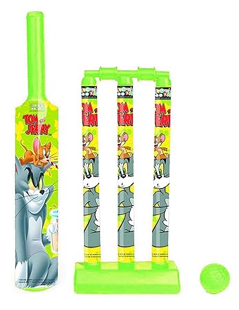 Zitto Tom and Jerry Mini Cricket Set with 1 Plastic Bat and Ball, 3 Wickets, Base and Bail, Multicolour