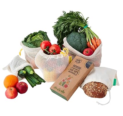 FullyFresh! Eco | 5er Set Obst- & Gemüsebeutel 100% Baumwolle (Bio) ungebleicht, wiederverwendbar | inkl. Brotbeutel & Kräute
