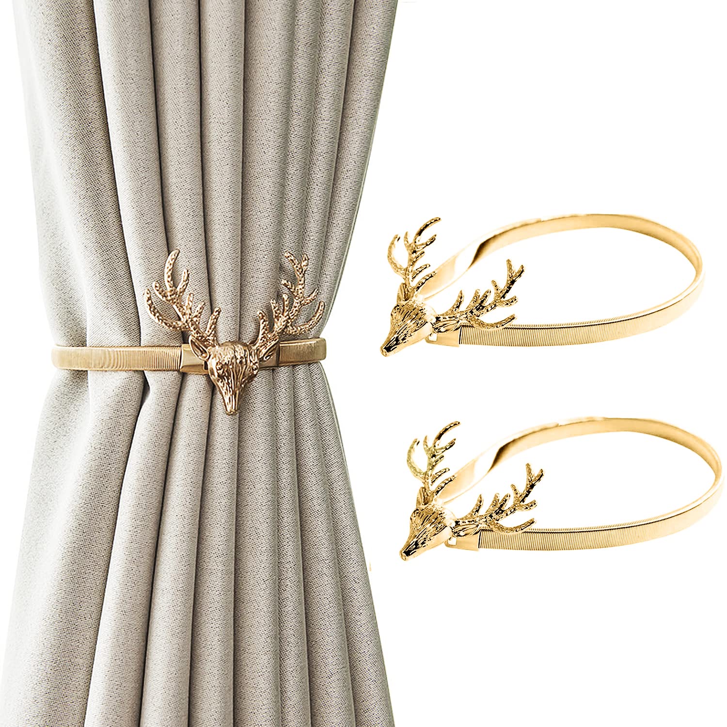 Newsmy Deer Curtain Tie Backs, 2 Pcs Gold Tie Backs for Curtains, Metal Curtain Holdbacks & Decorative Curtain Tiebacks Set, Curtain Holdback for Home & Office