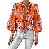 BTFBM Women Fashion Button Down Shirts 2026 V Neck Boho Printed Long Sleeve Blouses Dressy Casual Spring Fall Tops