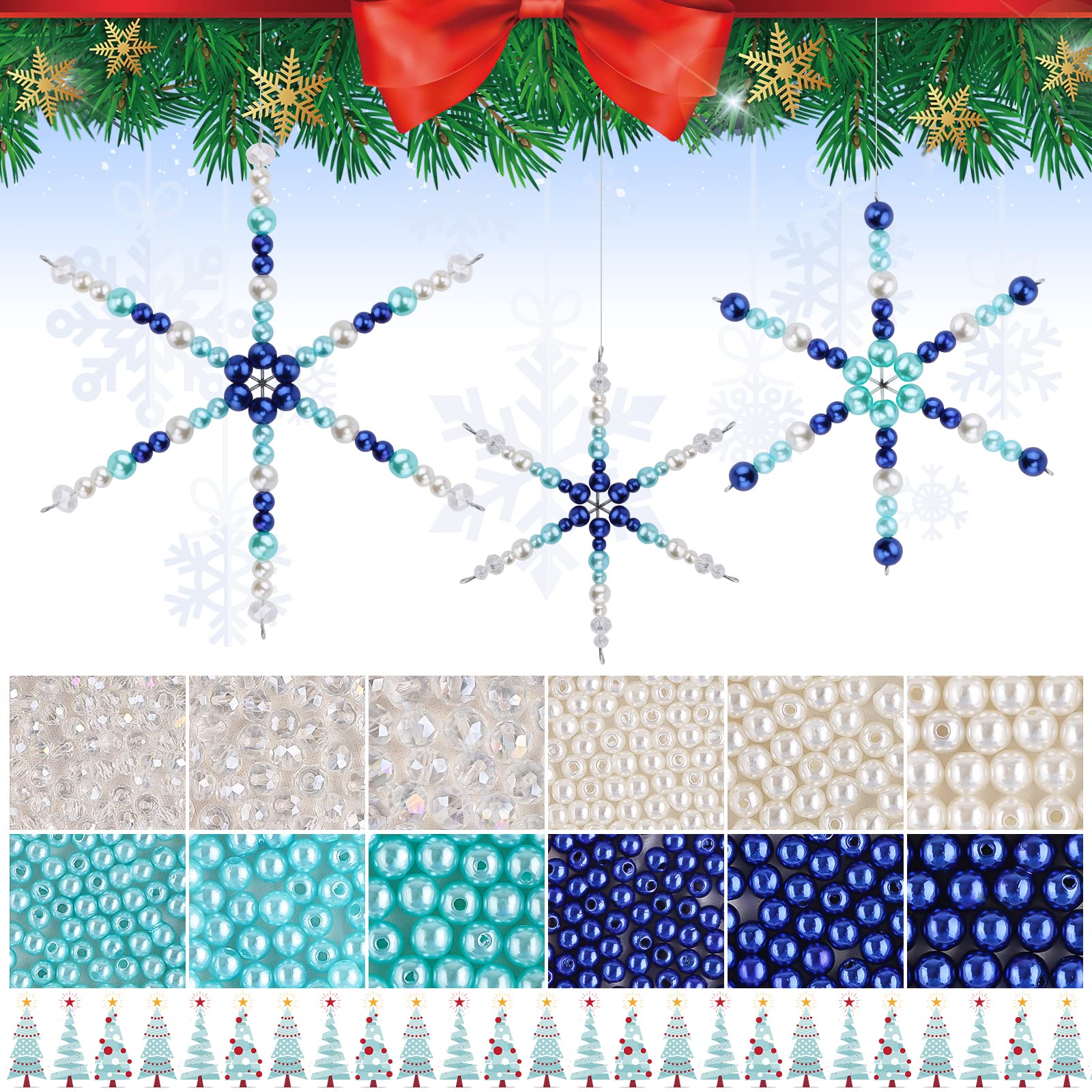 Kalolary 1104PCS Christmas Snowflake Wires Bead Ornament Kit Xmas Metal Snowflake DIY Craft Blue White Pearl Charm 24PCS Metal Wires with 1080 Beads Handicraft for Christmas Art Decoration