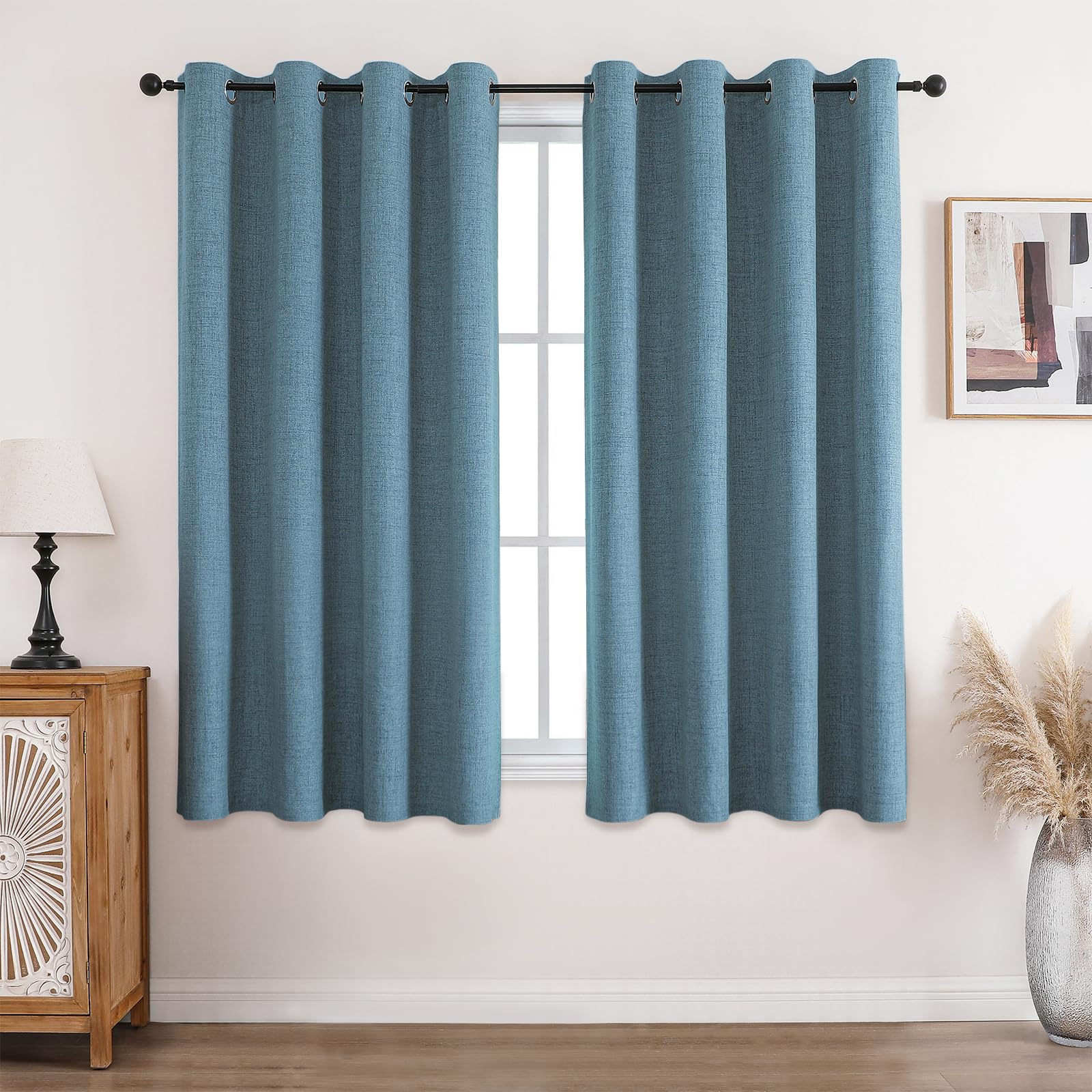 CUCRAF 100% Blackout Curtains Light Blue Thermal Curtains 63 Inch Drop 2 Panels Soft Texture Energy Saving Sun Blocking Eyelet Curtains for Bedroom Living Room 52 X 63 Inch