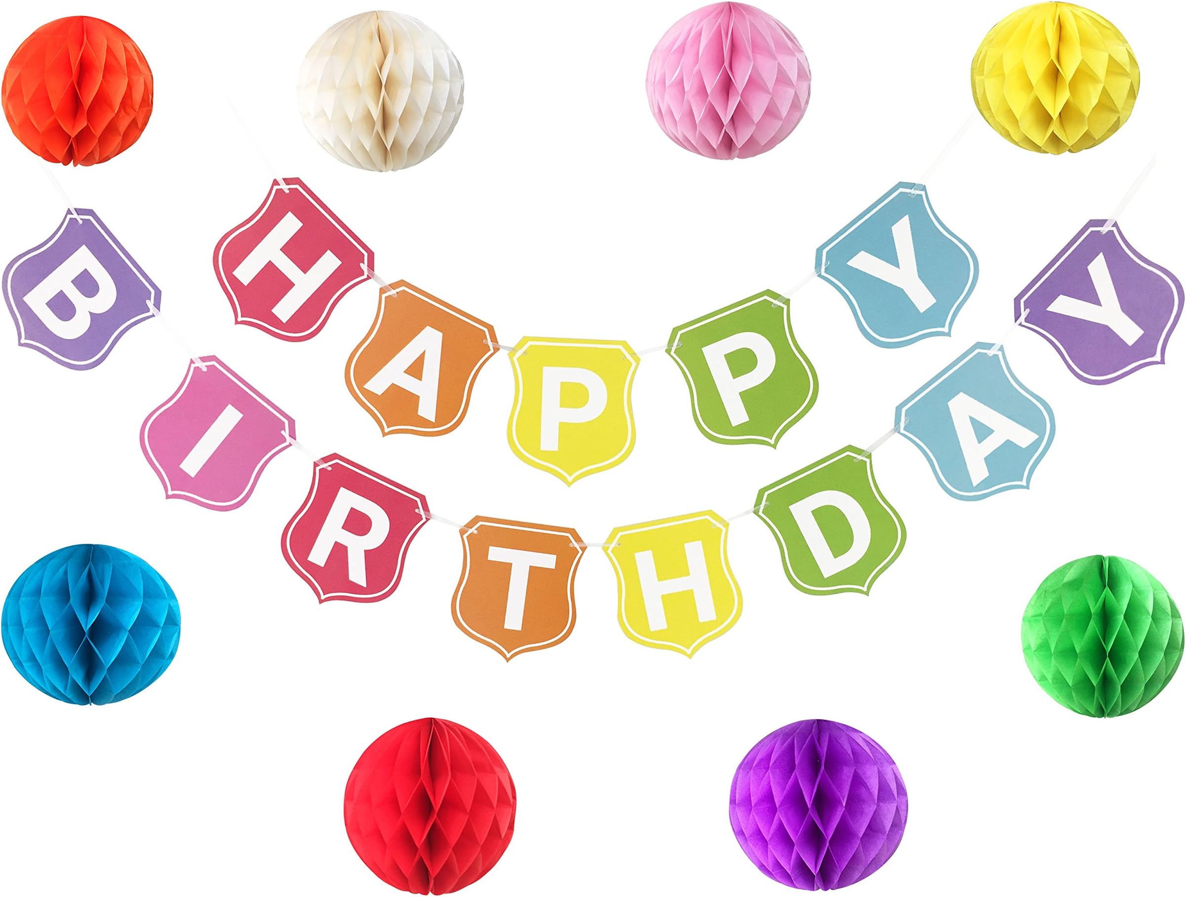 Happy Birthday Decorations Banner Bunting with 8 Pack Paper Honeycomb balls Multicolor Rainbow