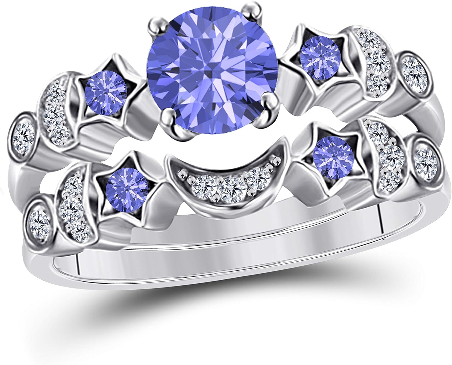 1.50ct Round Cut CZ Tanzanite 14k White Gold Plated '' Moon and Star