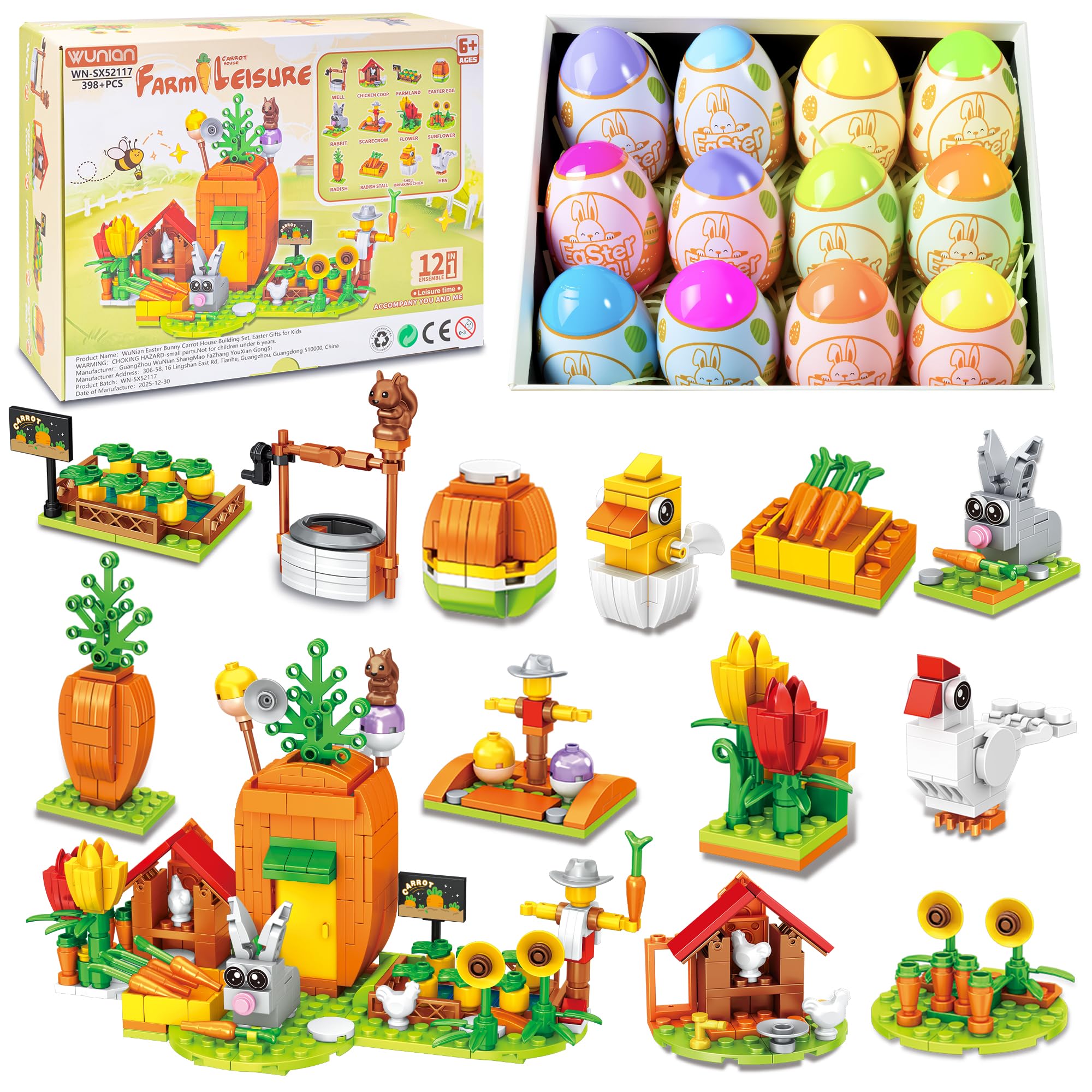 Prefilled Easter Eggs with 12 Packs Bunny Carrot House Building Blocks Sets, 12 in 1 Easter Basket Stuffers Building Toys, Farm Life with Rabbit, Chicken Coop, Sunflowers, Gifts for Kids Boys Girls 6+