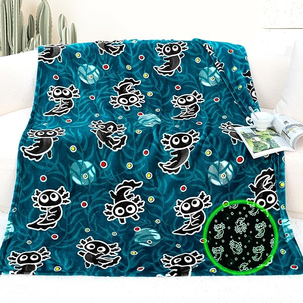 AXOLOTL BLANKET FOR BOYS GLOW IN THE DARK BLANKET BOYS KIDS THROW BLANKET AXOLOTL GIFTS DECOR ANIMAL SALAMANDER SOFT BLANKETS FOR GIRLS TEENS