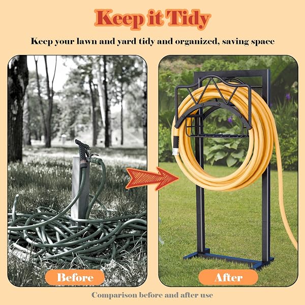 AMDERVEN GARDEN HOSE HOLDERS FOR OUTSIDE – WATER HOSE HOLDER FREESTANDING,METAL HOSE STAND WITH 5 SPIKERS,HOSE HANGER WITH BASKET,OUTDOOR GARDEN HOSE REEL HEAVY DUTY,HOLDS 150-FEET HOSE,BLACK