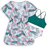 Goodstoworld 7-12Y Girls 3 Piece Cover Up Swimsuit Hawaiian Bikini Bathing Suit with Pompom Tassel