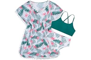 Goodstoworld 7-12Y Girls 3 Piece Cover Up Swimsuit Hawaiian Bikini Bathing Suit with Pompom Tassel