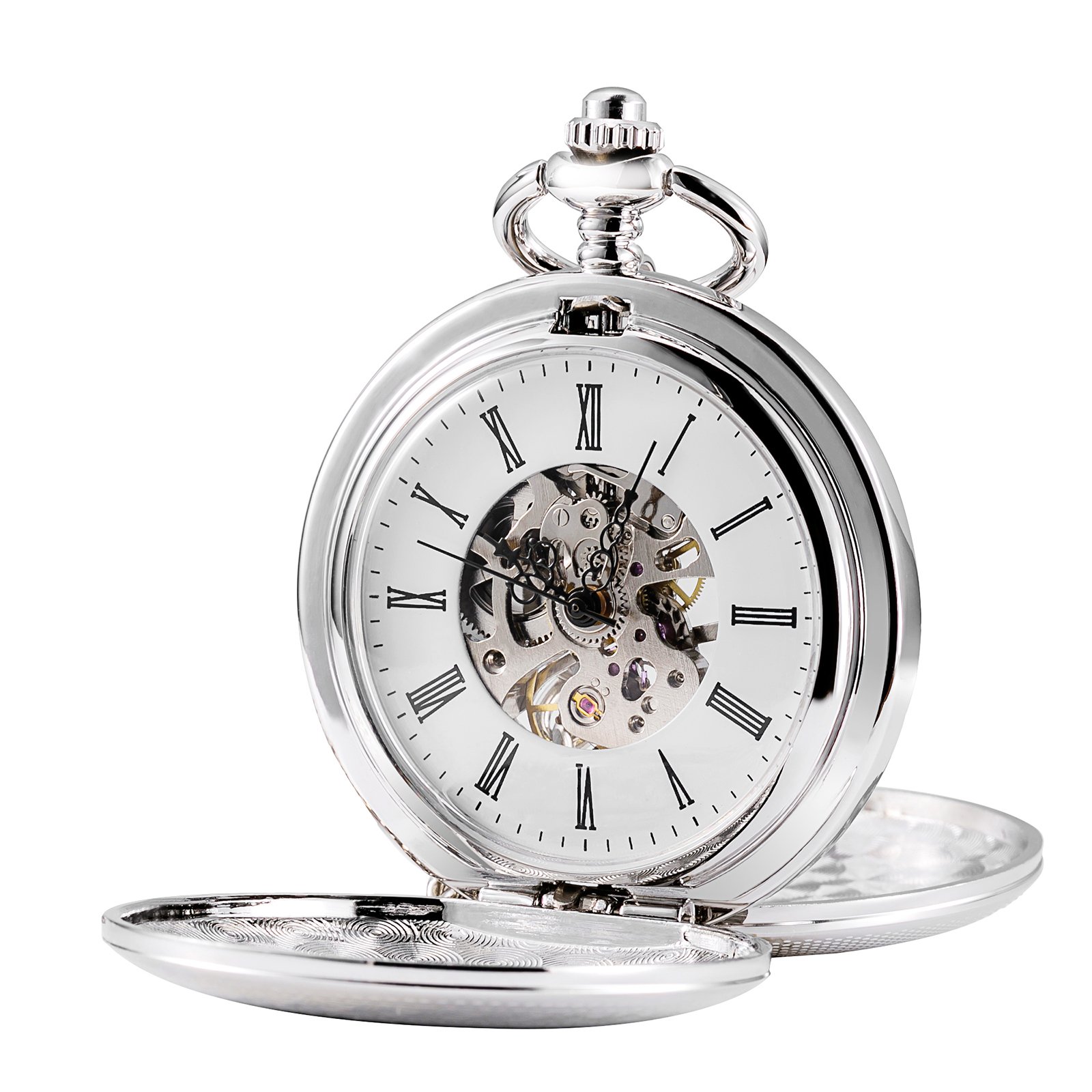 TREEWETO Mens Double Open Case Skeleton Pocket Watch Mechanical Hand Wind Full Hunter Silver Fob Watches