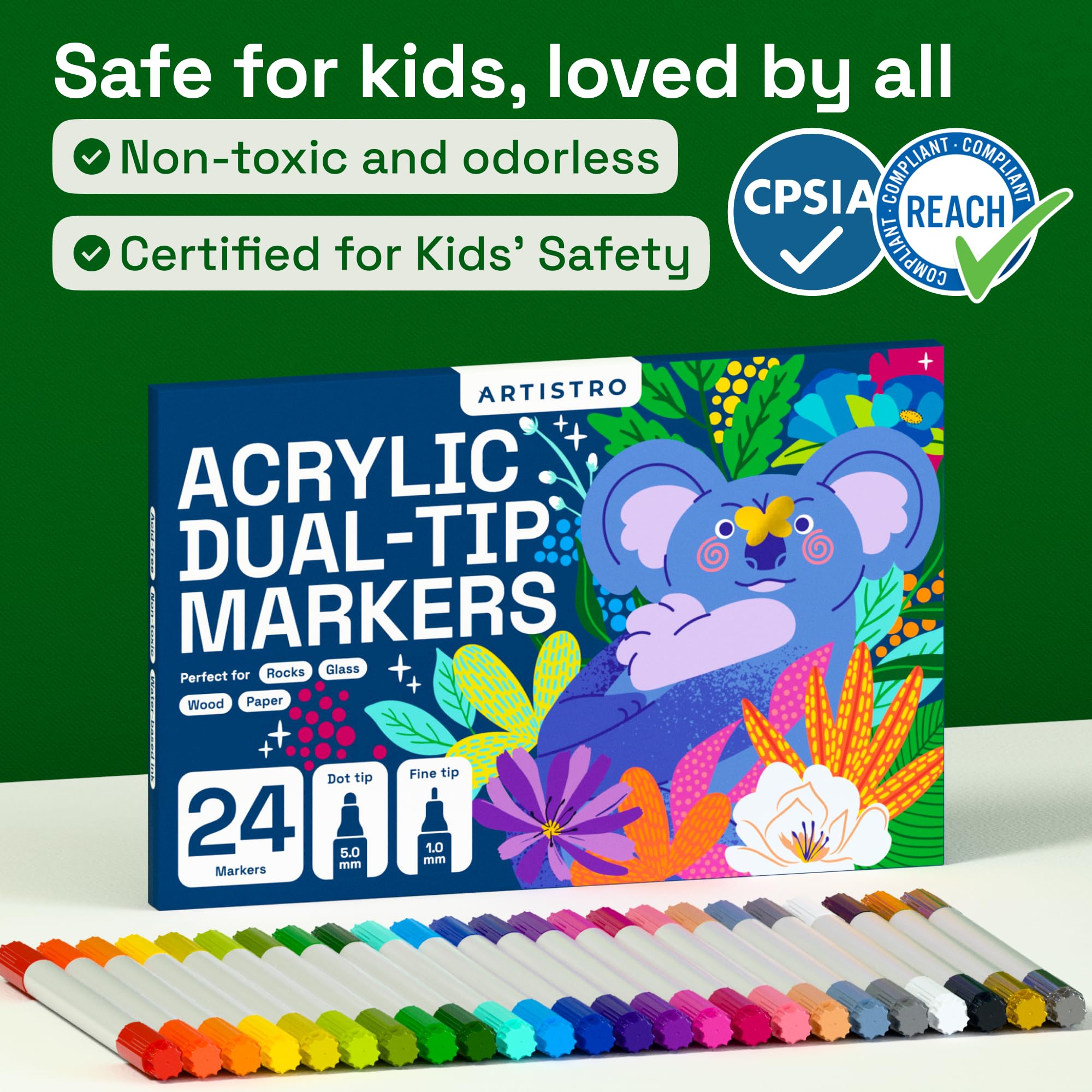 ARTISTRO 24 Acrylic Paint Markers for Rock, Fabric, Wood, Glass, Craft, Decoration - Dual-Tip Paint Pens - Stocking Stuffers, Christmas Gift Idea for Teens, Grandkids, Kids - Art Supplies