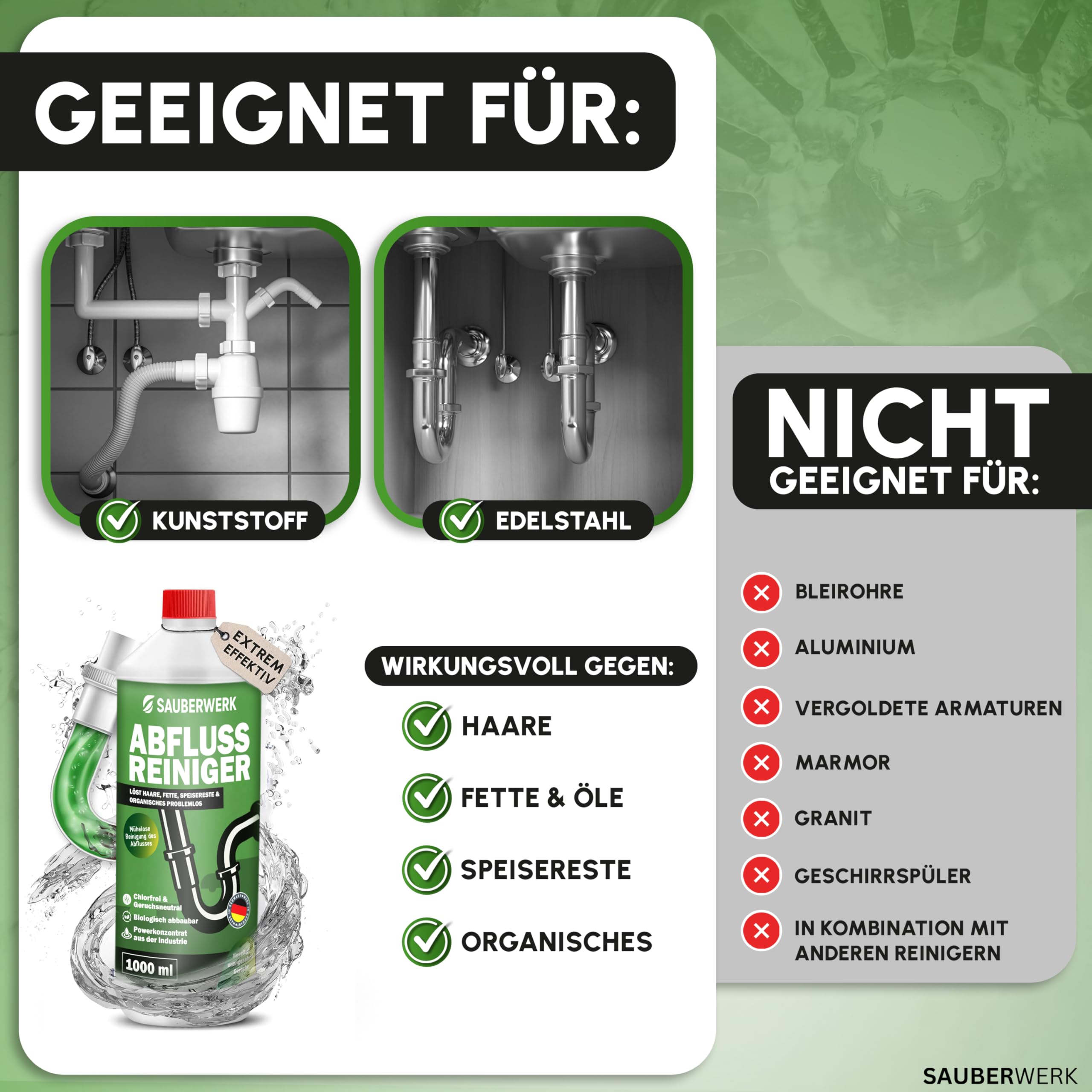 SauberWerk® - Profi Abflussreiniger & Rohrreiniger „Haarfrei“ (1L) - Haarentferner flüssig für Toilette, WC & Küche EXTRA STARK - Rohrfrei & Abflussfrei gegen Abfluss-Verstopfung Haare & Organischem 7