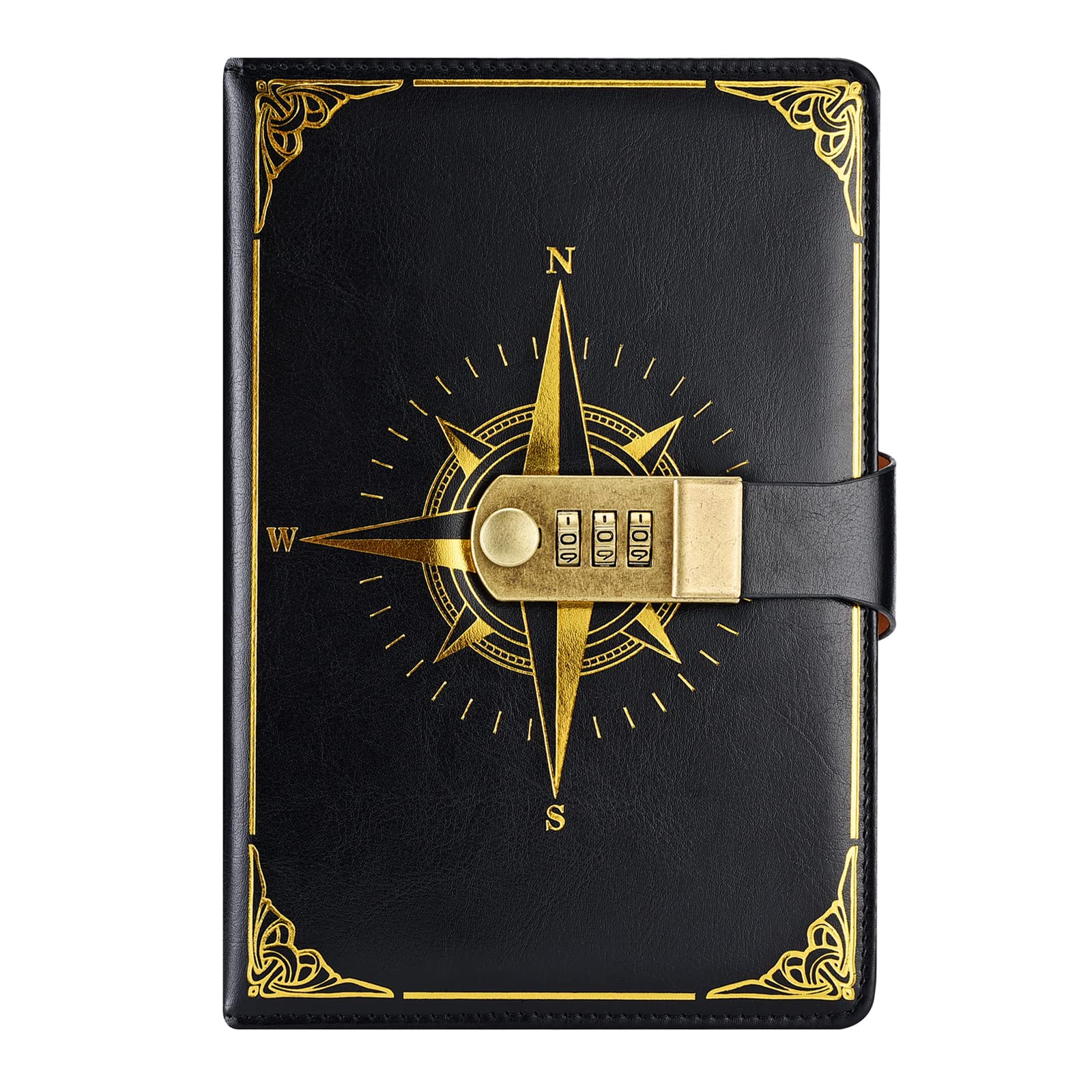 NectaRoy Vintage Travel Journal, A5 Lockable Diary(Compass Pattern), Notebook with Lock/Pen Holder/Card Slots, Office School Supplies Student Stationery, Size 8.6"x5.9"