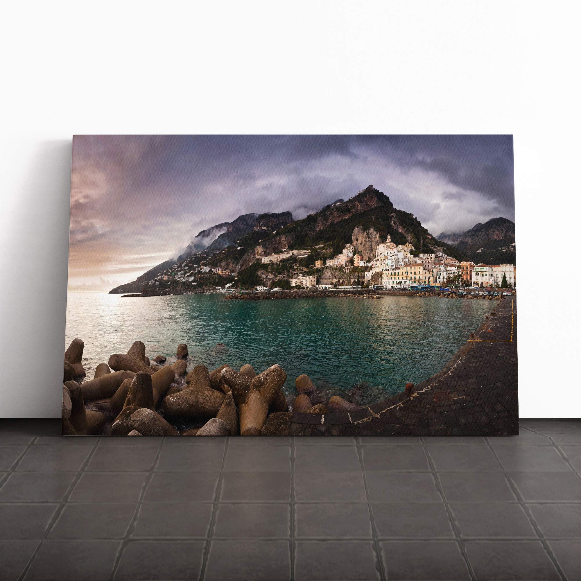 Landscape Amalfi Italy Mountain Coast Canvas Print | Gallery Wrapped 30mm Frame Wall Art | 20x14 inches | Ready to Hang | Modern Seascape Picture | Living Room Bedroom Lounge Office