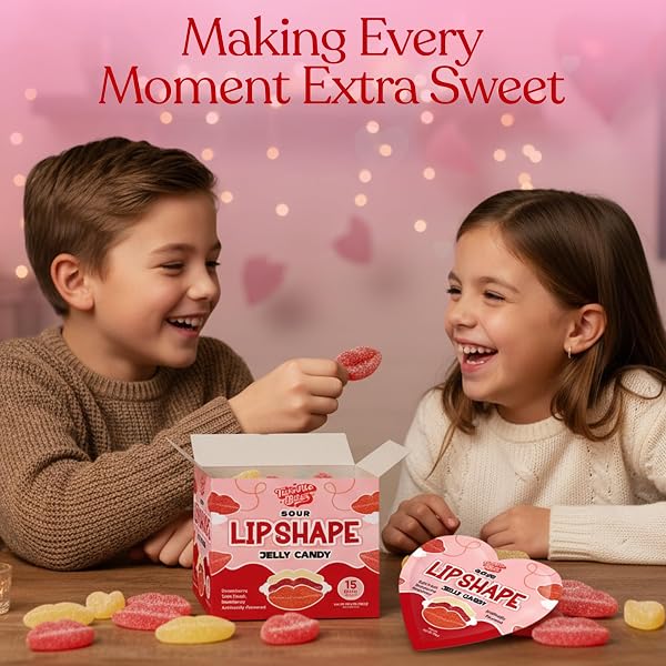 75 PCS – 15 PACKS OF 5 VALENTINE’S DAY SOUR PUCKER GUMMY – HEART SHAPED PACKS WITH 5 LIP CANDY IN EACH BAG, STRAWBERRY, RASPBERRY & TUTTI FRUTTI FLAVORS, VALENTINE CANDY GIFT BOX