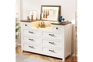 BROTTAR Dresser with Mirror for Bedroom, Chest of Drawers with LED Mirror, 8 Drawer Dresser with Charging Station, White Kids Dressers, Farmhouse Makeup Vanity with Storage for Bedroom