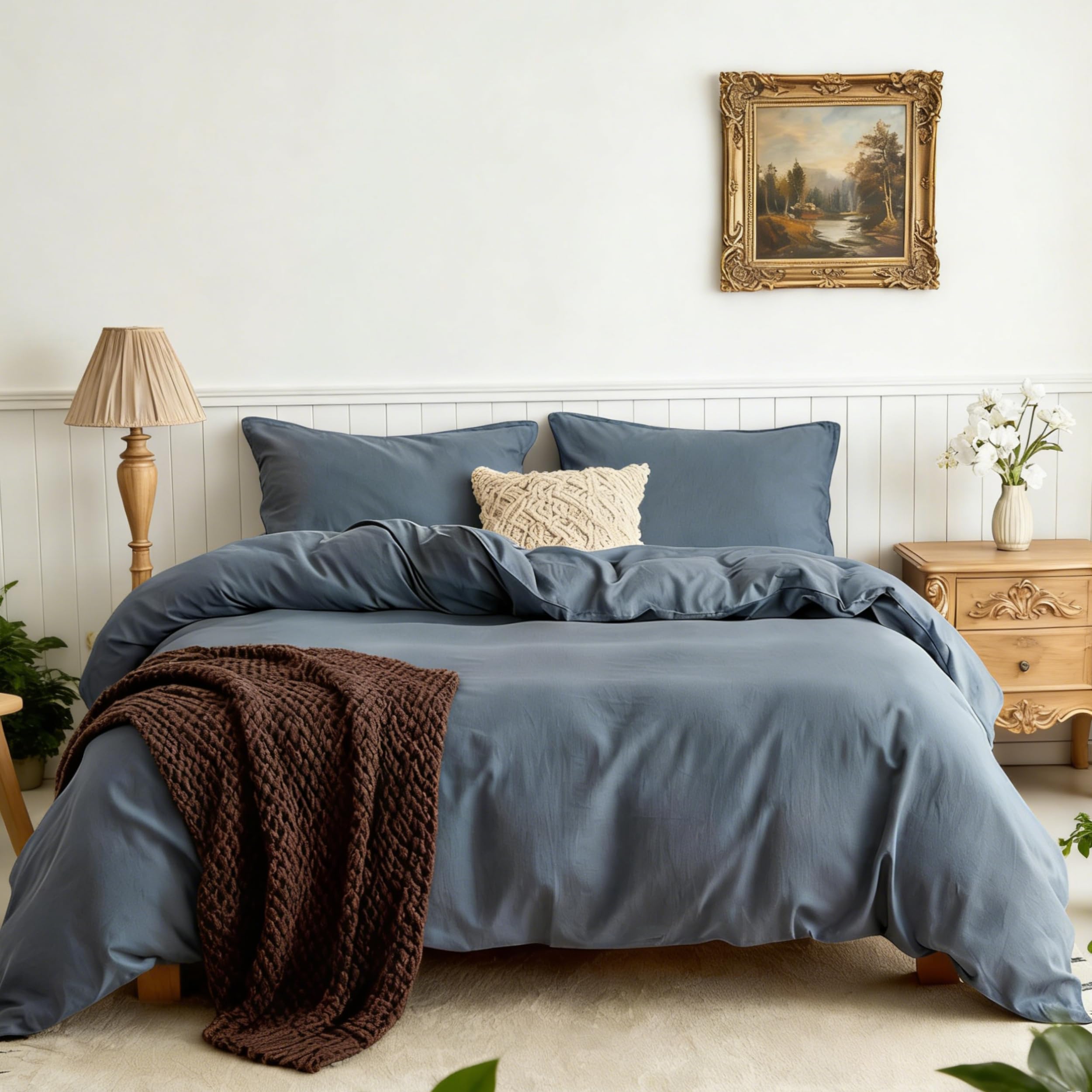 Simple&Opulence Linen Duvet Cover Double,Natural Linen Cotton Duvet Cover with Pillowcase,Duble Size Bedding Set,Soft Warm Breathable Bed Quilt Cover with Button Closure,200x200cm,Navy Blue — image 1