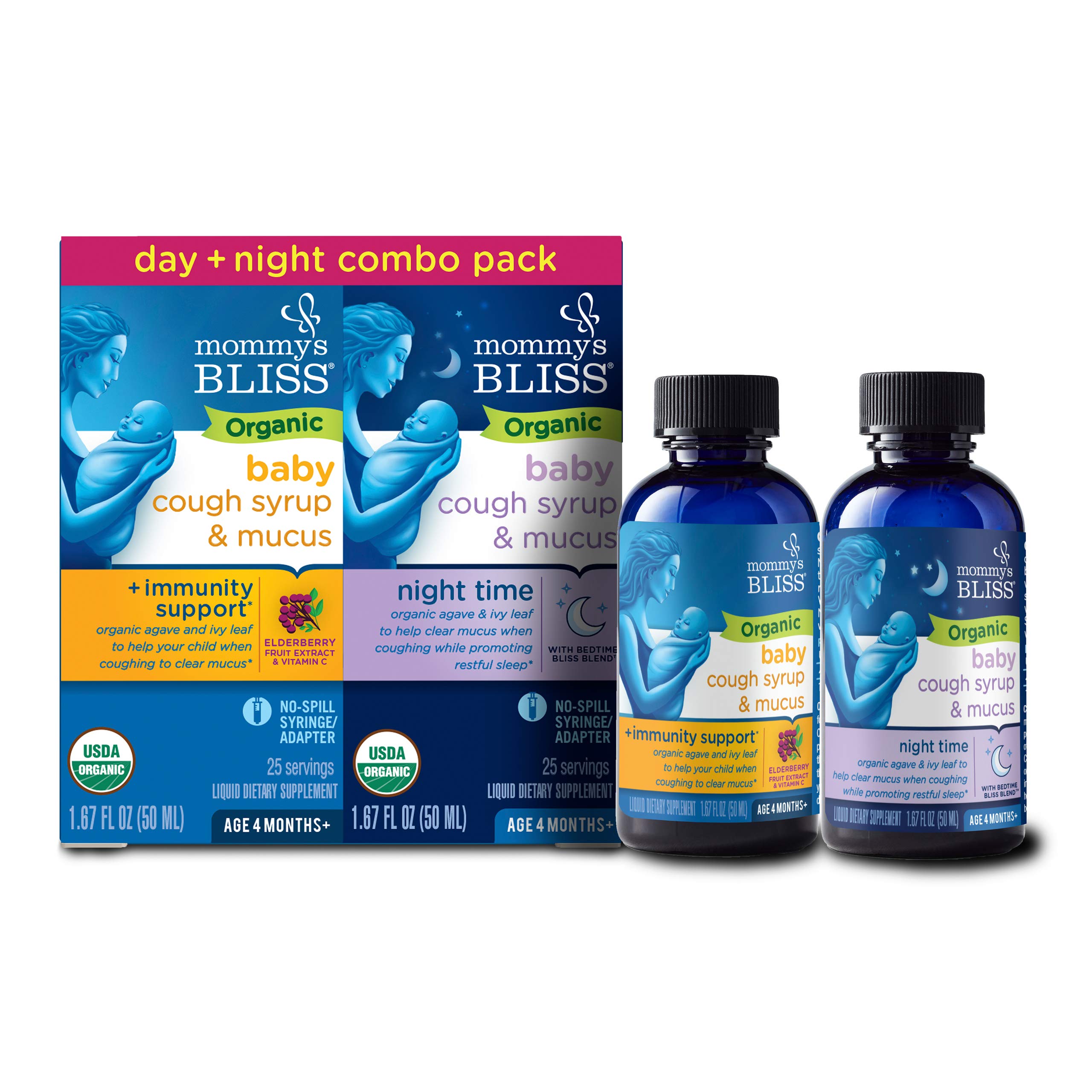Photo 1 of ****** ERXP 2027 ****** Mommy's Bliss Organic Baby Cough Syrup & Mucus Relief, Day and Night Combo Pack, Contains Organic Agave and Ivy Leaf, For Ages 4 Months+, 1.67 Fl Oz (Pack of 2)