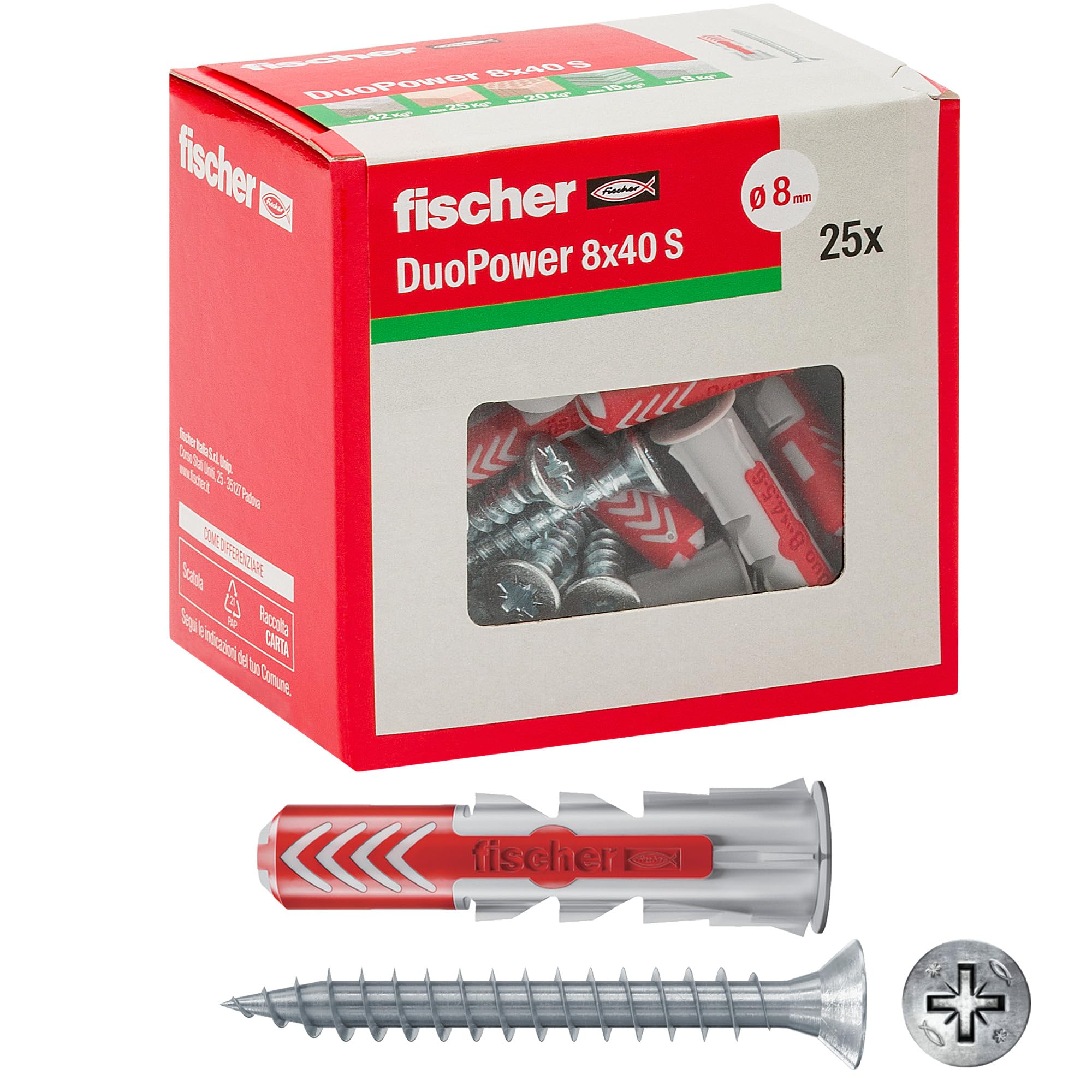 Fischer 544017 25 Duopower Dowels with Screw, 8 x 40 mm, for Full Wall, Perforated Brick, Plasterboard, Grey, Set of 25 Pieces