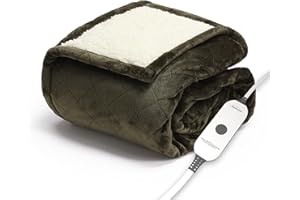 Sunbeam Quilted Royal Posh Velvet Reverse Sherpa Heated Throw Electric Blanket, 50" x 60", 4 Heat Settings, 4-Hour Auto Shut-Off, Warming Cozy Throw for Couch, Sofa or Bed, Machine Washable, Olive