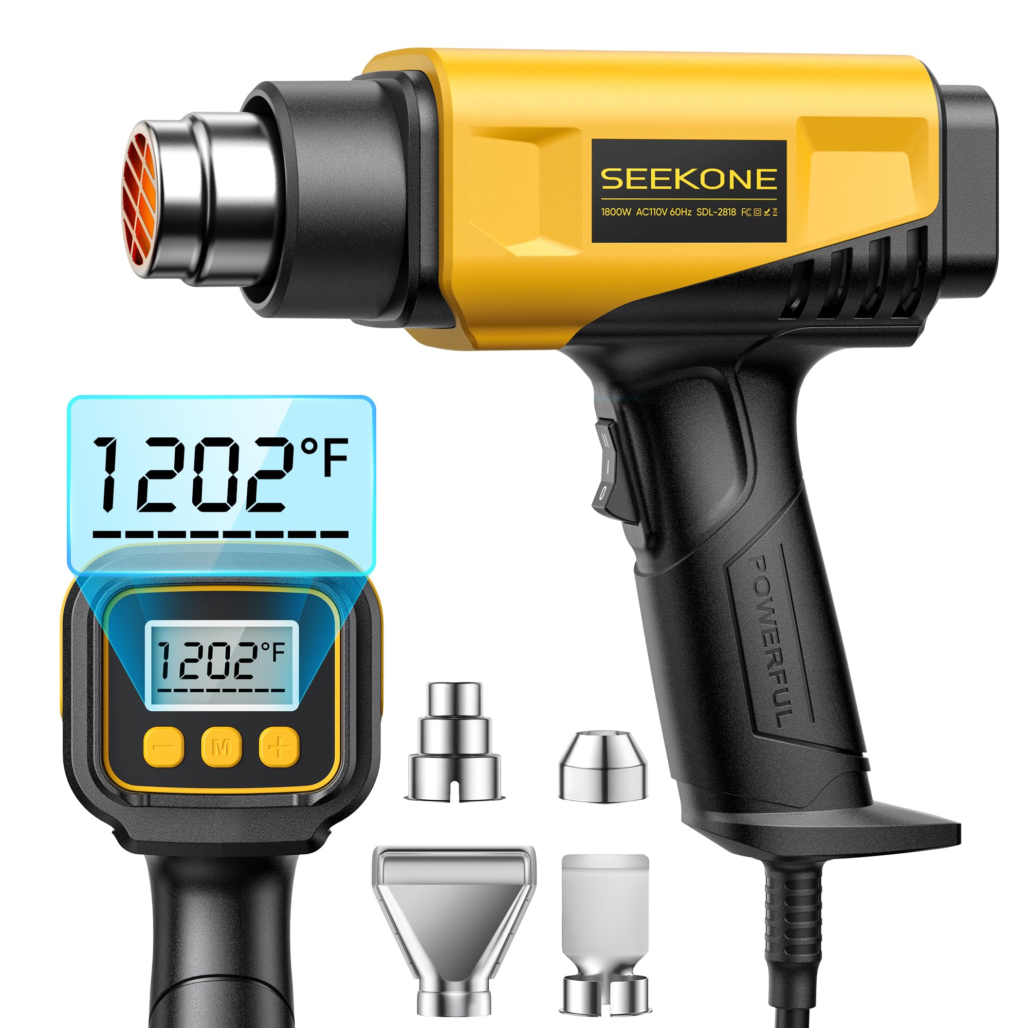 Photo 1 of SEEKONE 1800W Heat Gun with LCD Digital Display Compact Design Hot Air Gun Variable Temperature Control 122?-1202??50?- 650??with Memory Function and 4 Nozzles for Crafts, Vinyl Wrap, Shrink Tubing