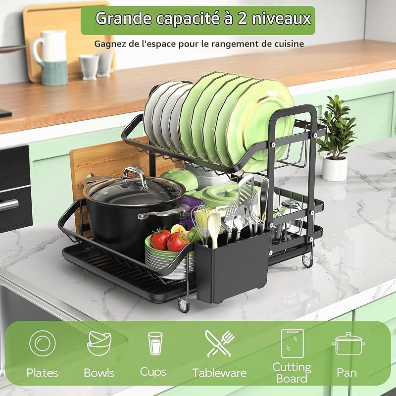 2 Niveaux Égouttoir Vaisselle, Egoutoire Vaisselle Cuisine Noir
