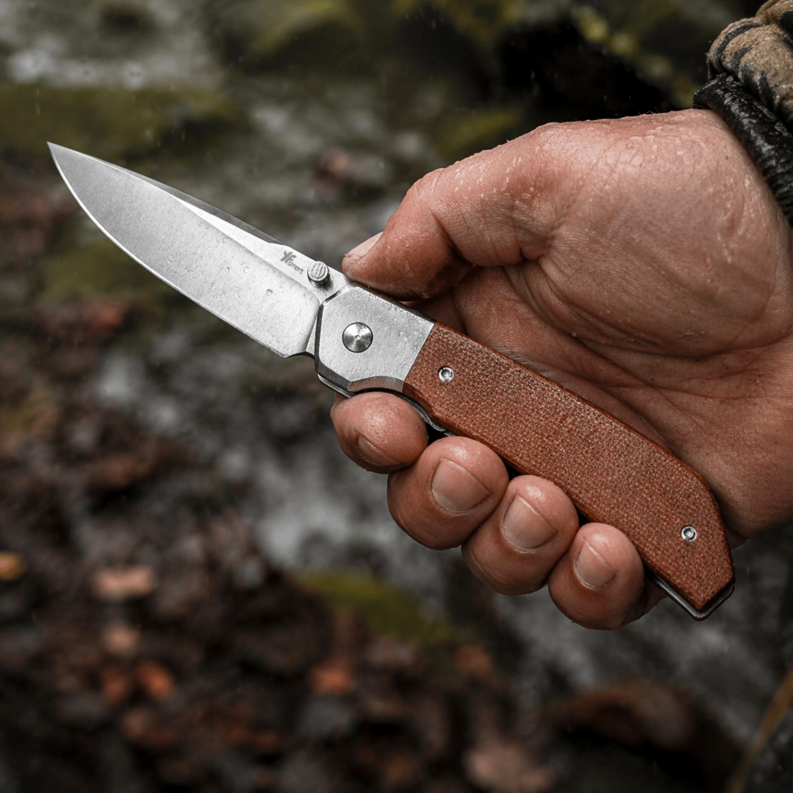 YF SMART EDC Taschenmesser mit D2 Stahl Klinge – 7,6 cm Drop-Point, Micarta Griff/Holzgriff, Flachschliff, Manuelles Klappmesser mit Taschenclip – Robustes Outdoor & Alltagsmesser mit (Micarta Griff) 3