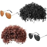 Mepase 4 Pcs Afro Wigs Halloween Costume Curly Wig Men Women 60s 70s Hippie Rocker Short Brown Black Wig with Retro Square Sunglasses for Couple Brother Halloween Cosplay Party