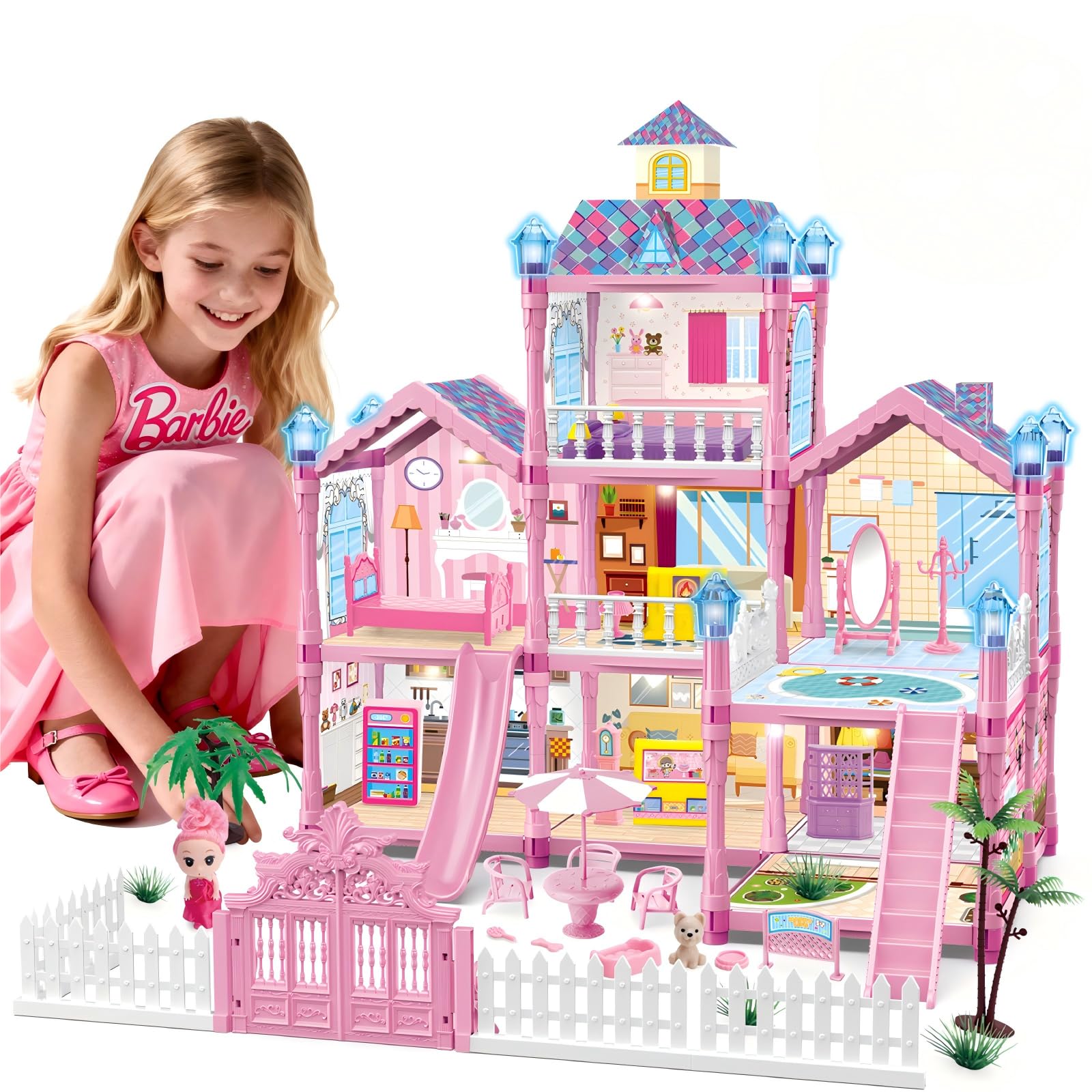 Photo 1 of Dollhouse for Girl with 1 Princess, 3 Floors -8 Rooms, 216 Accessories Includes Dog and Furnitures, Design and Build Gift for 3 4 5 6 7 8+ Year Old Girls (Pink)