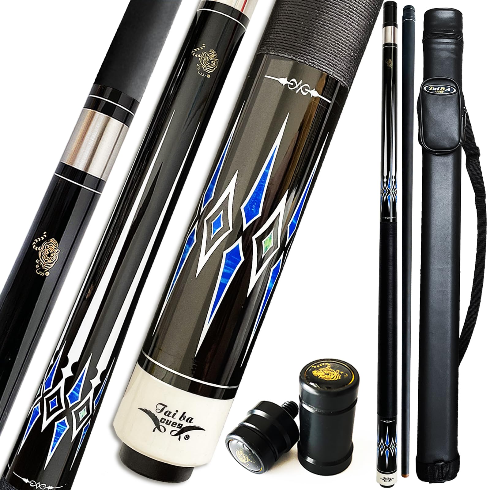 TaiBA 2-Piece Pool Stick With 1x1 Case,13mm Tip, 58", Hardwood Canadian Maple Professional Billiard Pool Cue Stick 19-20 Oz (Selectable)-Blue, Black, Red, Gray, Green, Brown