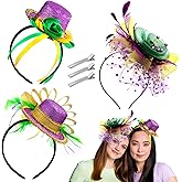 ShinyMatch 3 Pcs Mardi Gras Fascinators Hat for Women Tea Party Glitter Sequin Mardi Gras Headband Hair Clip with Feather and Chiffon Flower for Carnival Dress up Costume Accessories