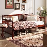 GIANTEX Twin Daybed Frame, Wooden Sofa Bed Guest Bed with Rails &amp; Wood Slat Support, Dual-use Twin Size Platform Bed Frame for Living Room Bedroom, No Box Spring Needed, Cherry