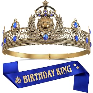 Gold Blue King Crown and Birthday Sash for Men Birthday Tiara Decoration | Metal Royal Lion Crown for Prom Party Cosplay Hall