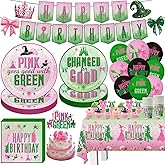 Pink and Green Party Decorations Tableware Movie Themed Birthday Party Supplies Include Banner Balloons Plates Napkins Cups Tablecloth Cupcake Toppers and Cake Topper for Witch Birthday Decor Sever 20