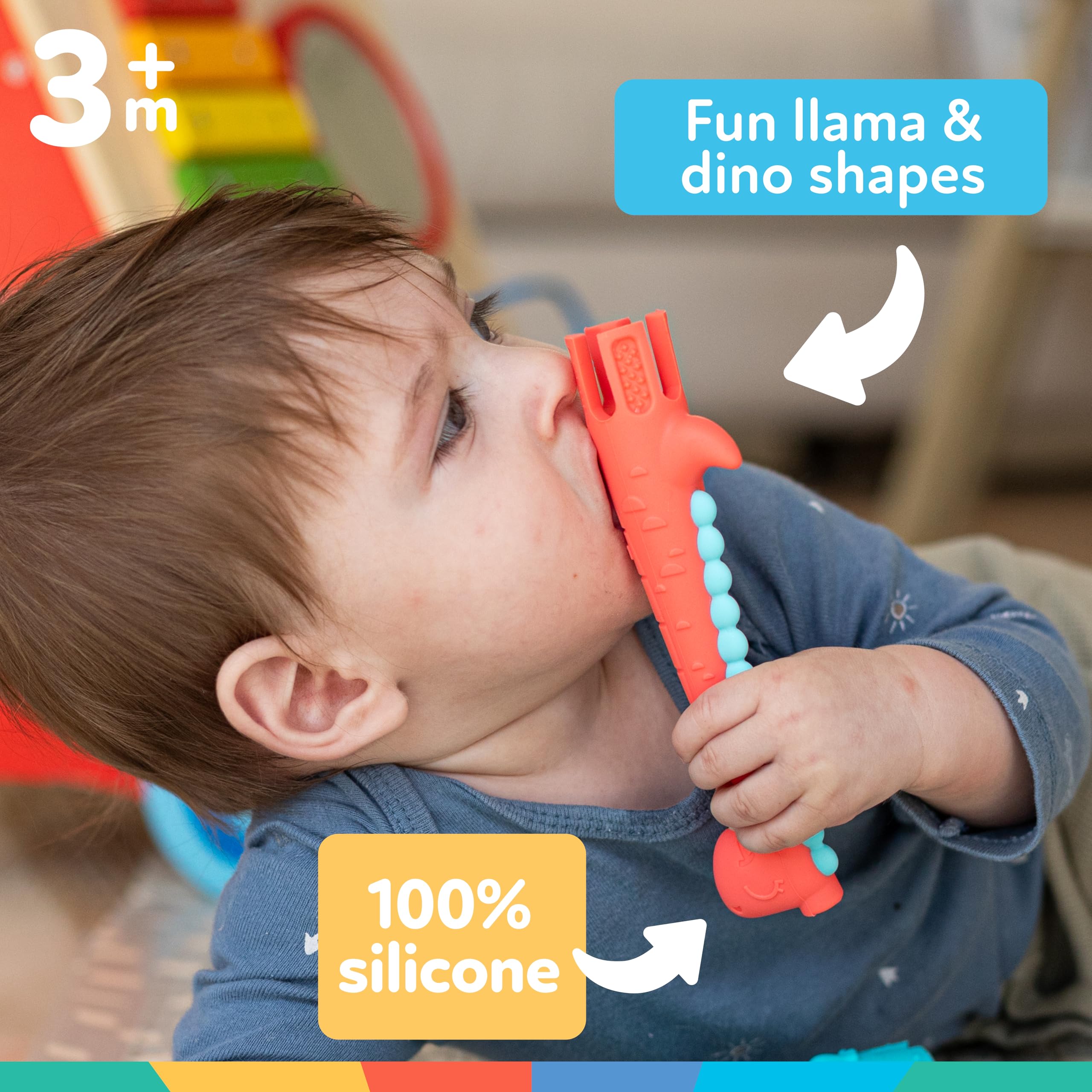 Nuby Tube Teether - (2-Pack) Baby Teething Toy - 3+ Months - Llama and Dinosaur - Baby Stocking Stuffer