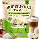 Superfood Probiotic Coffee Creamer, 16 Adaptogen Mushrooms, L-Theanine, MCT | Non-Dairy Coffee Creamer with Lion's Mane &amp; Turkey Tail for Energy, Focus &amp; Digestion Support, Vegan, Vanilla - 30 Servings
