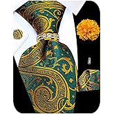 Kerfado 5PCS Tie and Pocket Square for Men, Silk Necktie and Handkerchief Cufflinks with Gold Ring and Lapel Pin Set